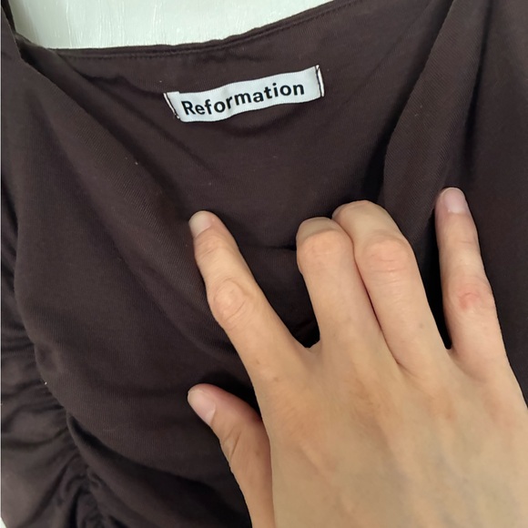 Reformation Brown Ruched Square-Neck Midi Dress - Picture 5 of 8